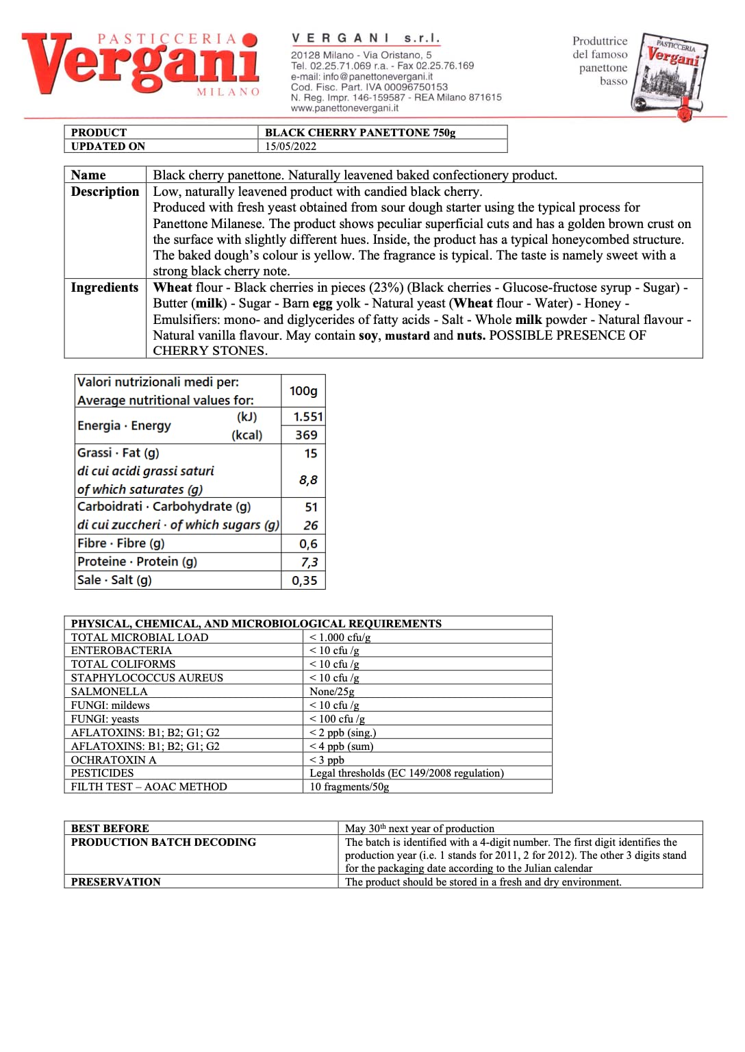 Panettone Black Cherry Vergani Amarena soft dough cake 750g / 1.65lb